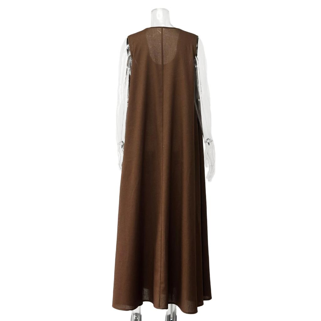 Women's Summer Nordic Minimalist Maxi Dress, Loose Sleeveless V Neck Ruched Tank Long Dress for Casual Vacation Daily Wear
