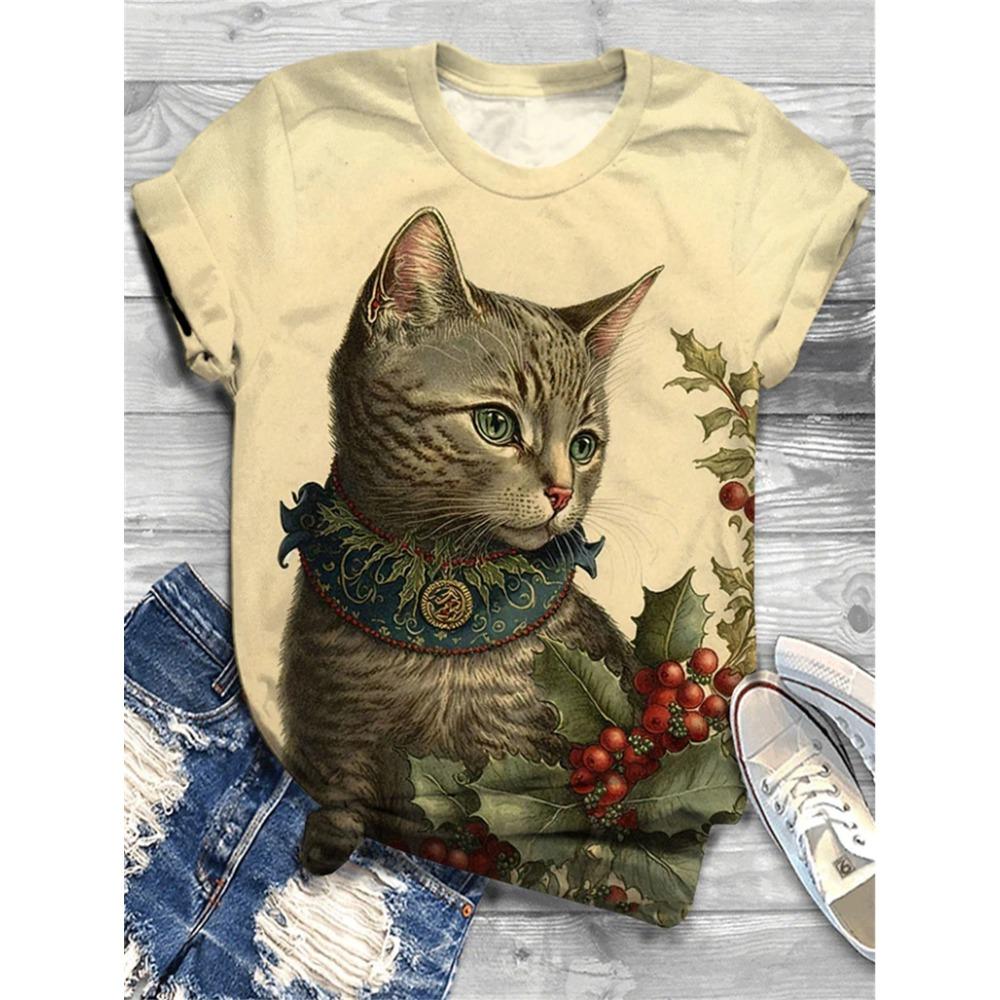 Women's T Shirt Tee Cat Daily Weekend Print Black Short Sleeve Fashion Graphics Design Round Neck T Shirts for Woman Summer
