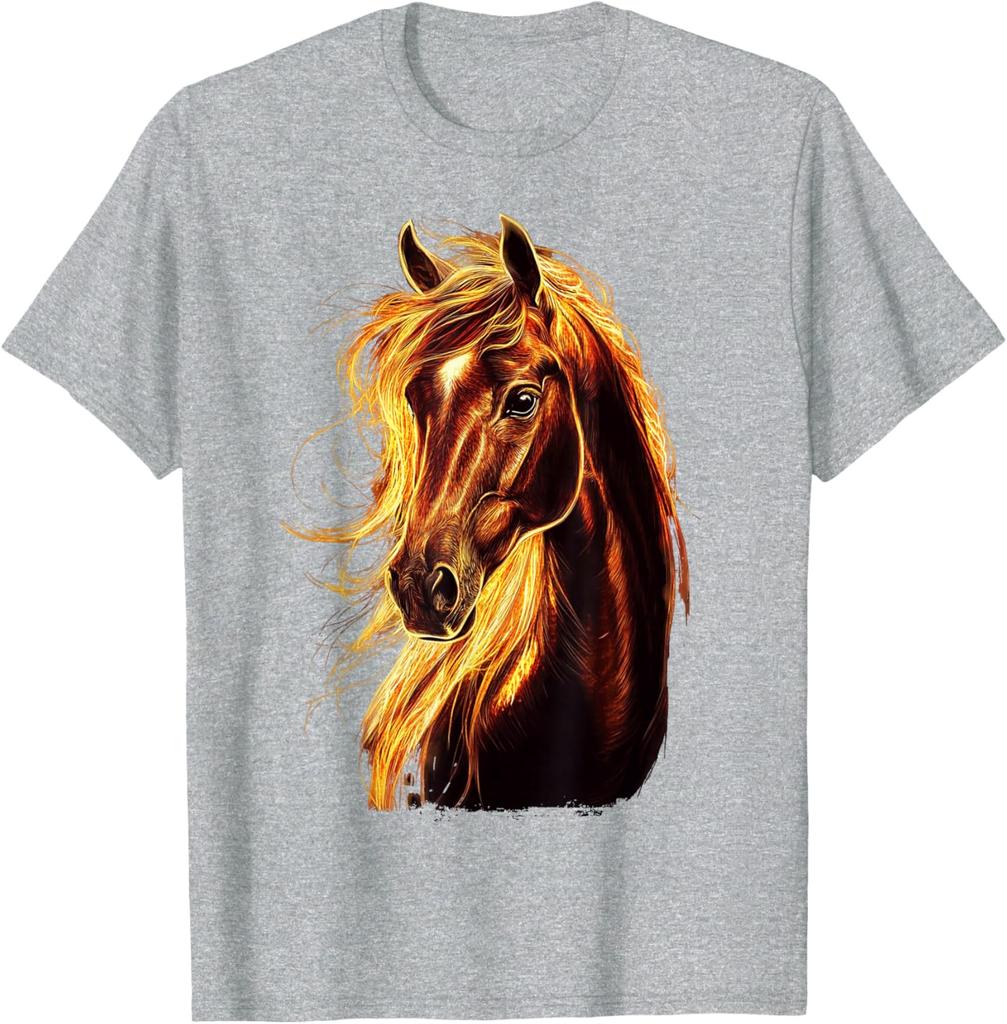 Feuriges Pferdekopf Grafik-T-Shirt Atmungsaktives Baumwoll-Kurzarm-T-Shirt für Reitsport-Liebhaber
