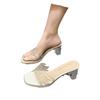 2025 summer new transparent high-heeled one-word cool slippers women's outer wear fashion crystal thick heel versatile half-drag