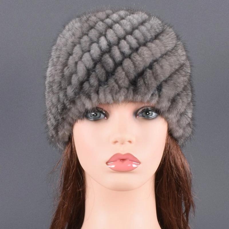 Real Natural Mink Hats for Women Winter Knitting Ear Warm Two-color Match Cap Cross-weave With New Fashion fur hat