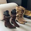 2025 Winter New Round Head Thick Heel Belt Buckle Locomotive Women's Short Boots Versatile Tall Tube Fashion Thin Boots Western Women's Boots