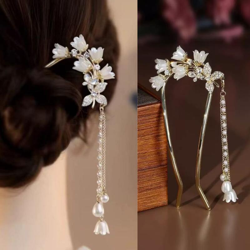 Chinese Hanfu Hair Accessories Long Tassel Vintage Lily Of The Valley U-Shaped Hairpins Flower Handmade Hair Sticks For Women