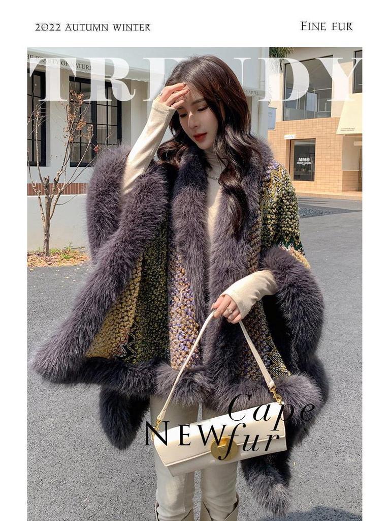 Rabbit Fur Shawl Women's Outerwear: New Autumn/Winter Fashion Cloak with Thickened Collar