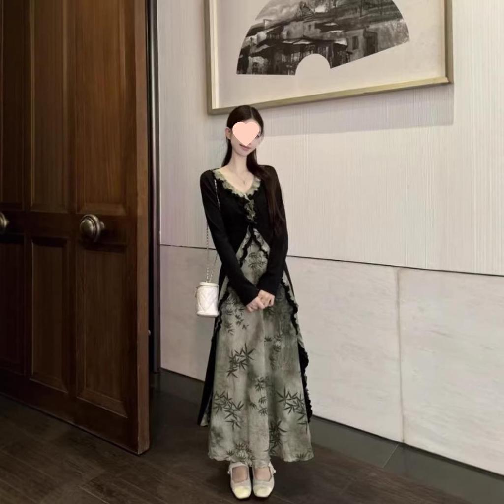 Rochie A-line pentru femei plus-size, toamnă, formă de pară - Stil național chinezesc, Design subțietor din două piese