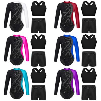 3Pcs Girls Gymnastics Set Keyhole Back Leotard with Cross Vest & Rhinestone Shorts Mock Neck Long Sleeve