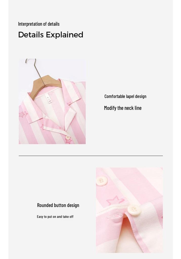 Energetic Pink & White Striped Women's Summer Pajamas - Antibacterial Pure Cotton, Short Sleeve With Shorts & Zipper.