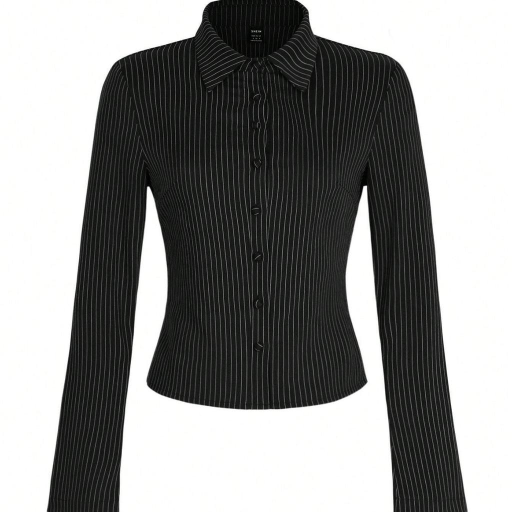 Women's Blue White Striped Button Down Shirt Long Sleeve Bell Sleeve Crop Top Casual Blouse
