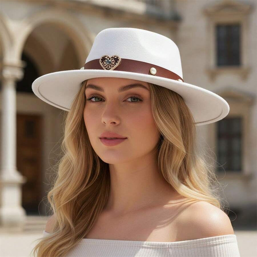Vintage Western Wide Brim Felt Fedora Hat With Decorative Band For Women And Men