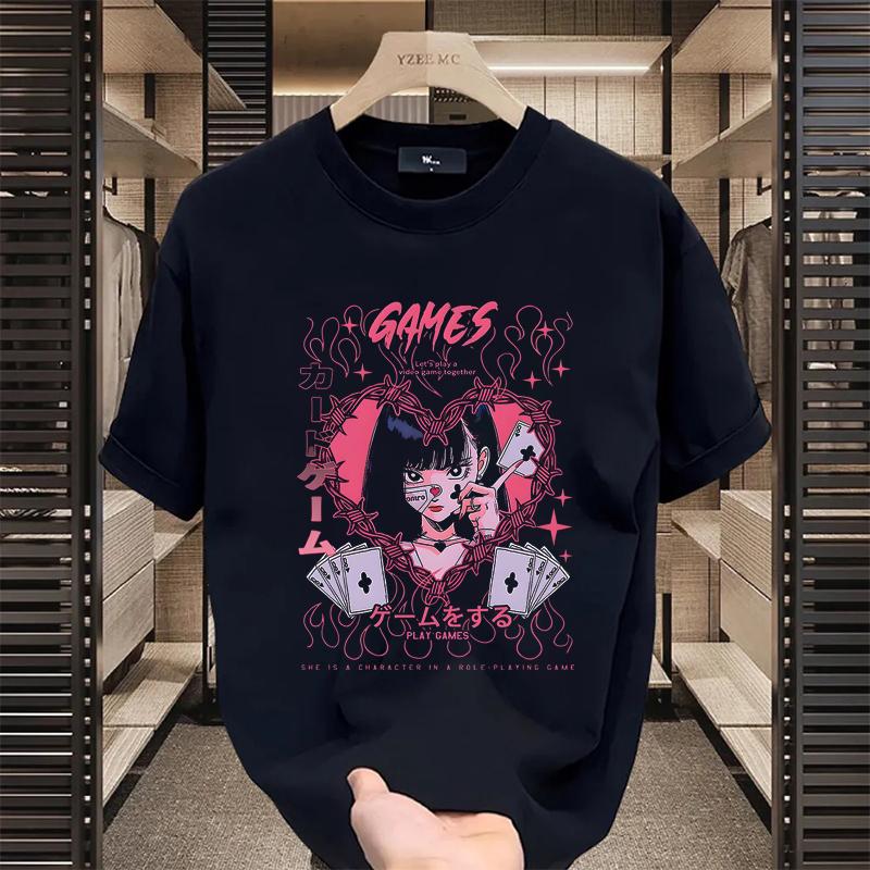Women's Black Graphic Print T-shirt Avant-garde Skull Corner Design American Classic Retro Anime Girl Street Short Sleeve Couple