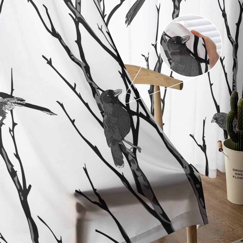 Branch Bird Silhouette Sheer Curtains for Living Room Decoration Window Curtains for Kitchen Tulle Voile Organza Curtains