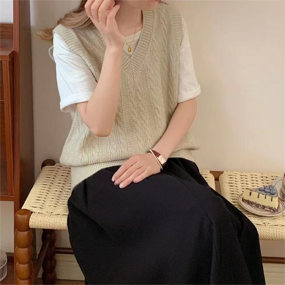 WTEMPO Preppy styl Bez rukávů Pleteniny Dámské Podzim Zima Jednobarevné Ležérní Svetry Výstřih do V Pletené Vesty