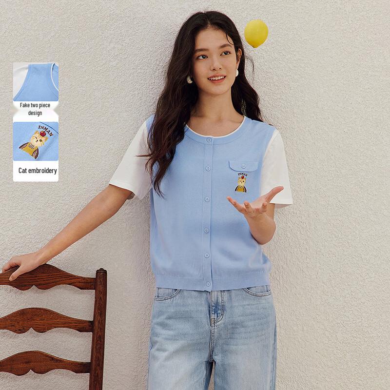 INMAN Короткий вязаный топ с вышивкой кота, имитирующий двухпредметный XL