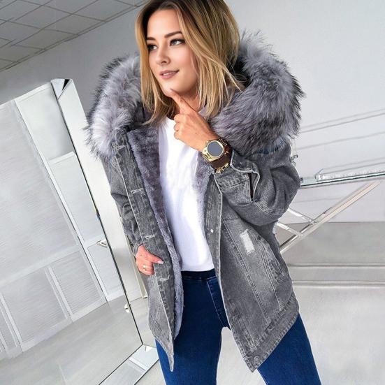 

Женская зимняя теплая джинсовая куртка, повседневная короткая куртка на подкладке и с утеплителем, джинсовая куртка с воротником из искусственного меха 4XL