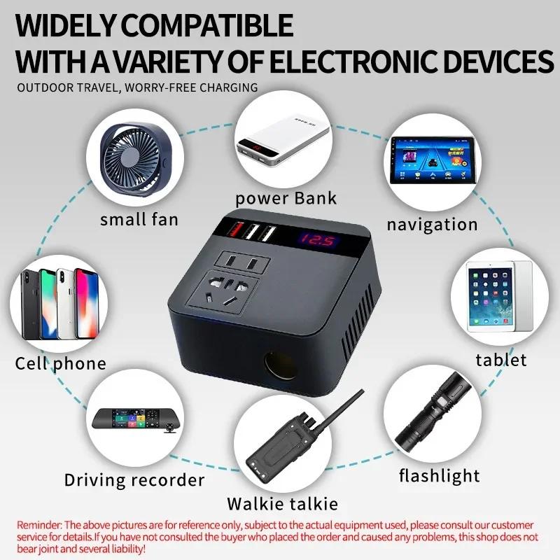 Car Power Inverter - Multifunctional DC to AC converter with LED display and 3 fast charging USB ports