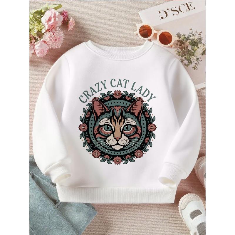 Kids Crewneck Sweatshirt, Cute Crazy Cat Lady Floral Mandala Graphic Print 110 белый