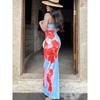 Women's Printed Strapless Split Hip Dress Floral Print Slit Sheath Dress