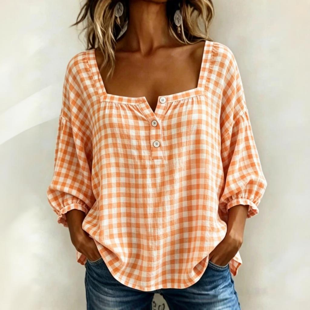 Women's Casual Plaid Three-Quarter Sleeve Loose Fit Top