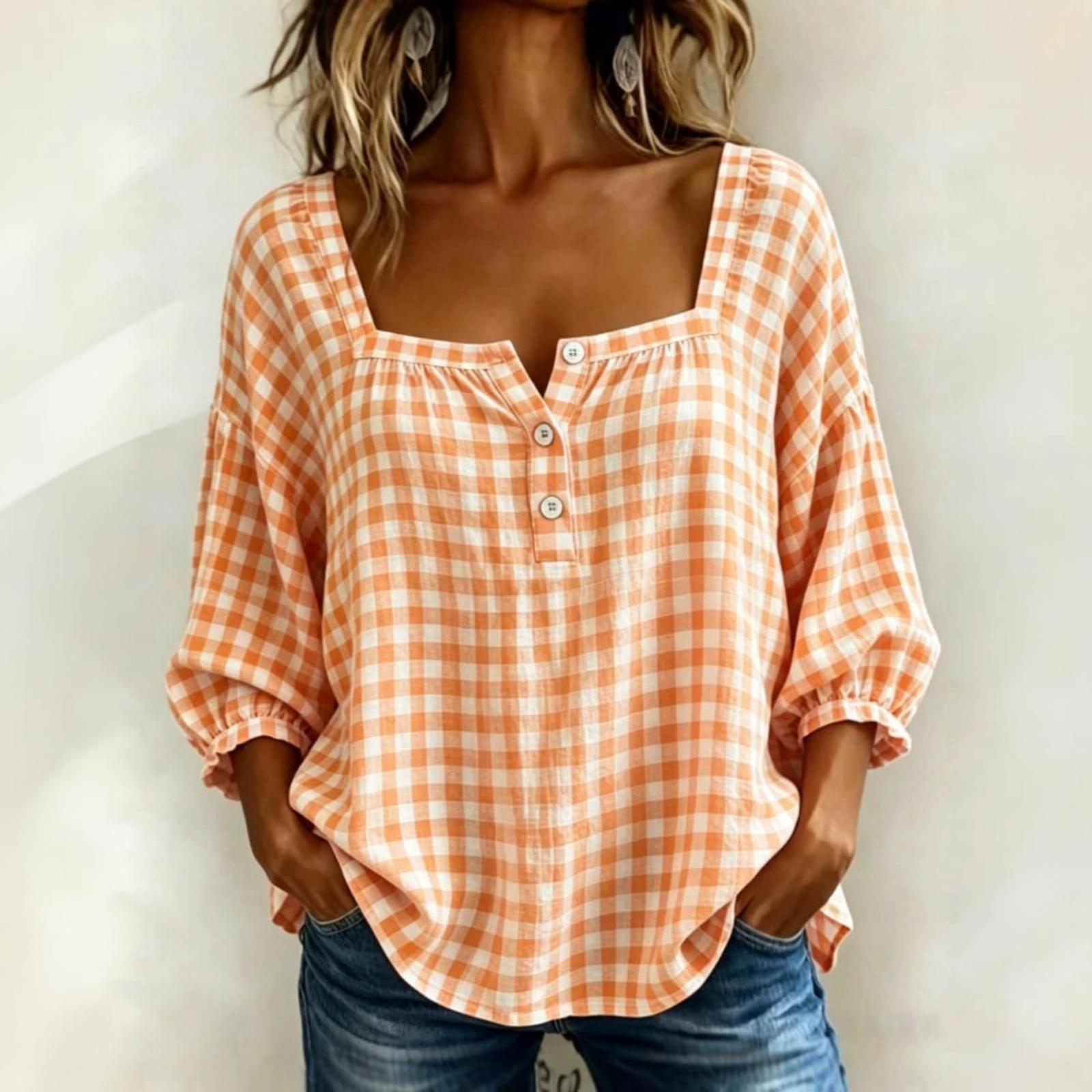 Damen Lässige Karierte Lockere Bluse Dreiviertelarm Knopfleiste Quadratischer Ausschnitt Oberteil Leichtes Bequemes Hemd S orange