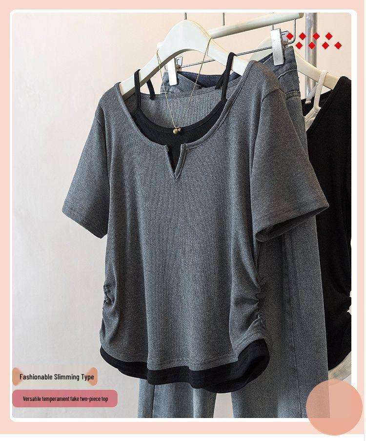 Women's Plus Size Patchwork Faux Two-Piece Short Sleeve T-Shirt - Loose, Slimming, Versatile Summer Style