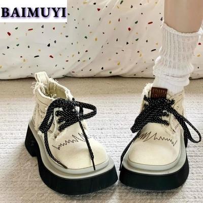 Cowboy Ankle Boots Women Platform Sneaker Chunky Casual Shoes Woman Autumn 2025 Trend Design Lace Up Canvas Zapatos Mujer Botas