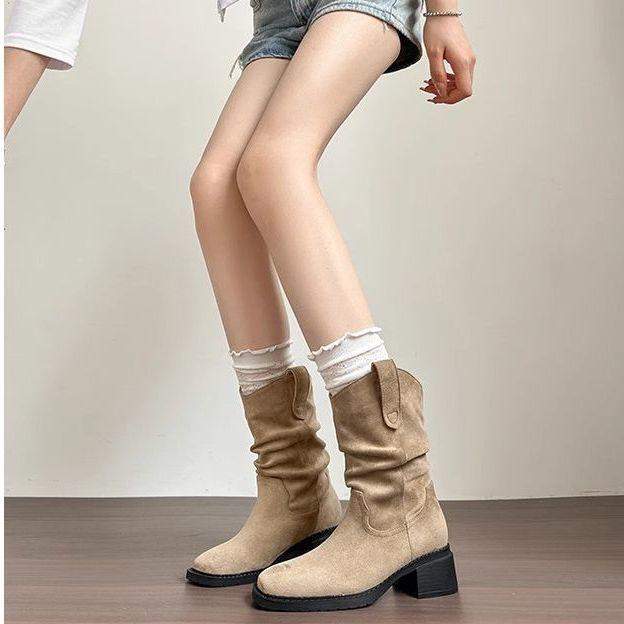 Herbst/Winter 2025 Retro-Stil Mid-Calf Wildleder Geraffte Cowboy-Stiefel