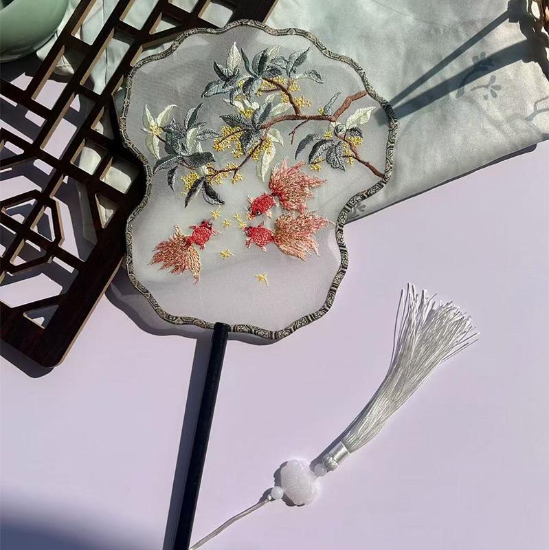 Chinese Style Hanfu Ancient Fan Dance Shooting Long Handled Embroidered Classical Double Sided Fan Female Decorative Fan