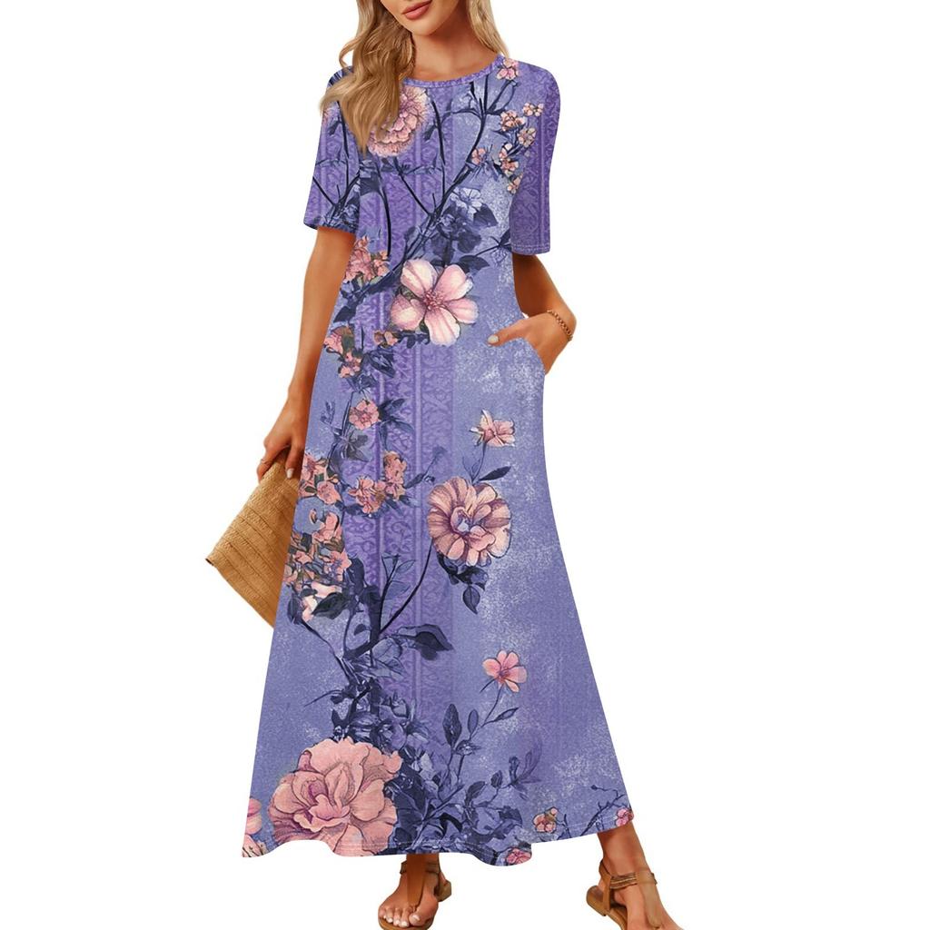 Women's Fashionable And Casual Long Beach Skirt Round Neck Short Sleeved Loose Retro Print Dress