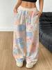 Women's Fashion Sports Wide-leg Trousers Multi-color Block Plaid Small Floral Splicing Contrasting Color Full Print Casual Trousers