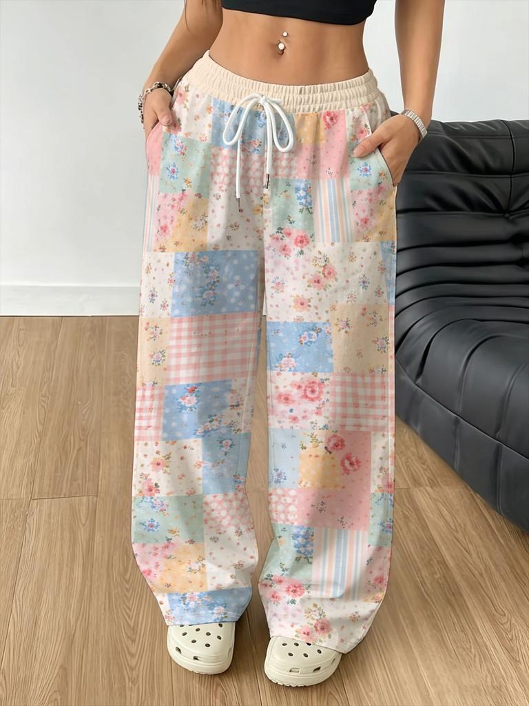 Women's Fashion Sports Wide-leg Trousers Multi-color Block Plaid Small Floral Splicing Contrasting Color Full Print Casual Trousers