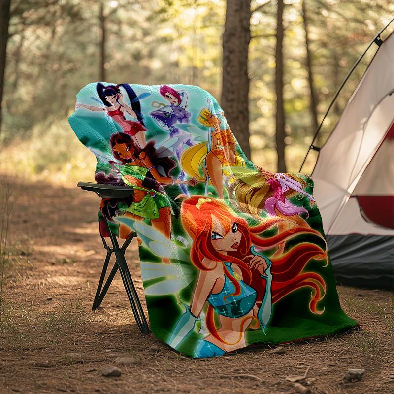 1pc W-Winx Club Theme Blanket - Digital Print, Polyester, Cozy for All Seasons, Perfect for Outdoor, and Travel