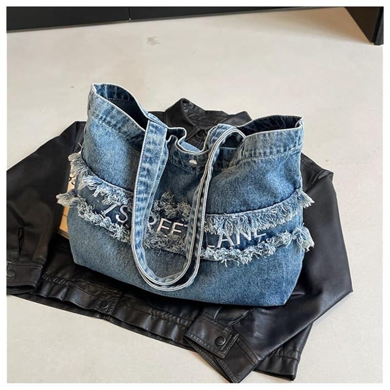 [YUNHEN] denim tote bag ladies shoulder bag English pattern handbag vintage style large capacity shoulder jeans handbag bag 2way commute Commuting to