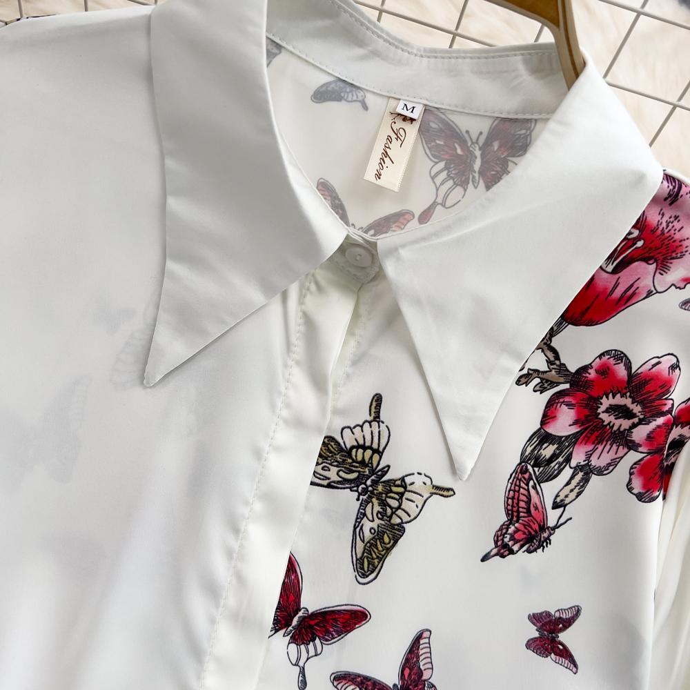 Fashion Suit Female European Station Temperament Long-Sleeved Printed Shirt Two-Piece High Waist Pleated Skirt Spring