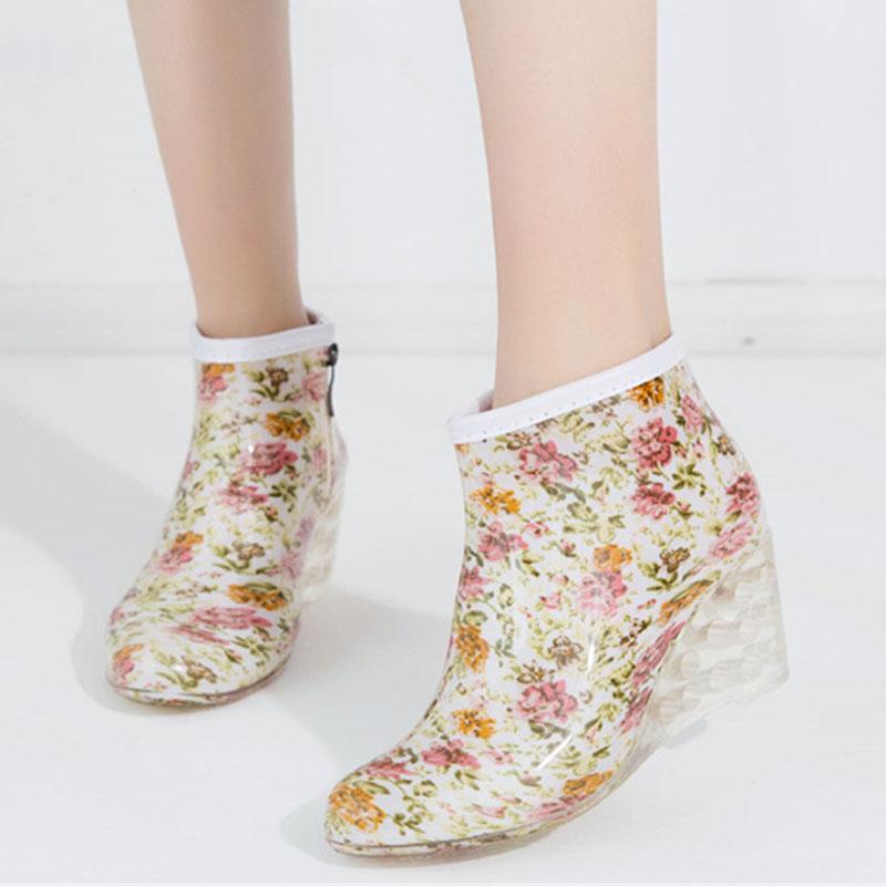 Women's Rain Boots Waterproof Overshoes Female Soft Sole Anti-slip PVC Plastic Shoes Fashion Printed Wedge Heels Zipper Gumboots