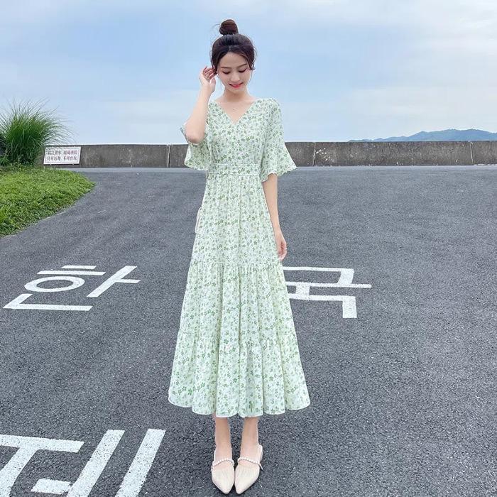 Women's Summer 2024 Floral French Retro Chiffon Long Dress - Over-the-Knee Cake Skirt