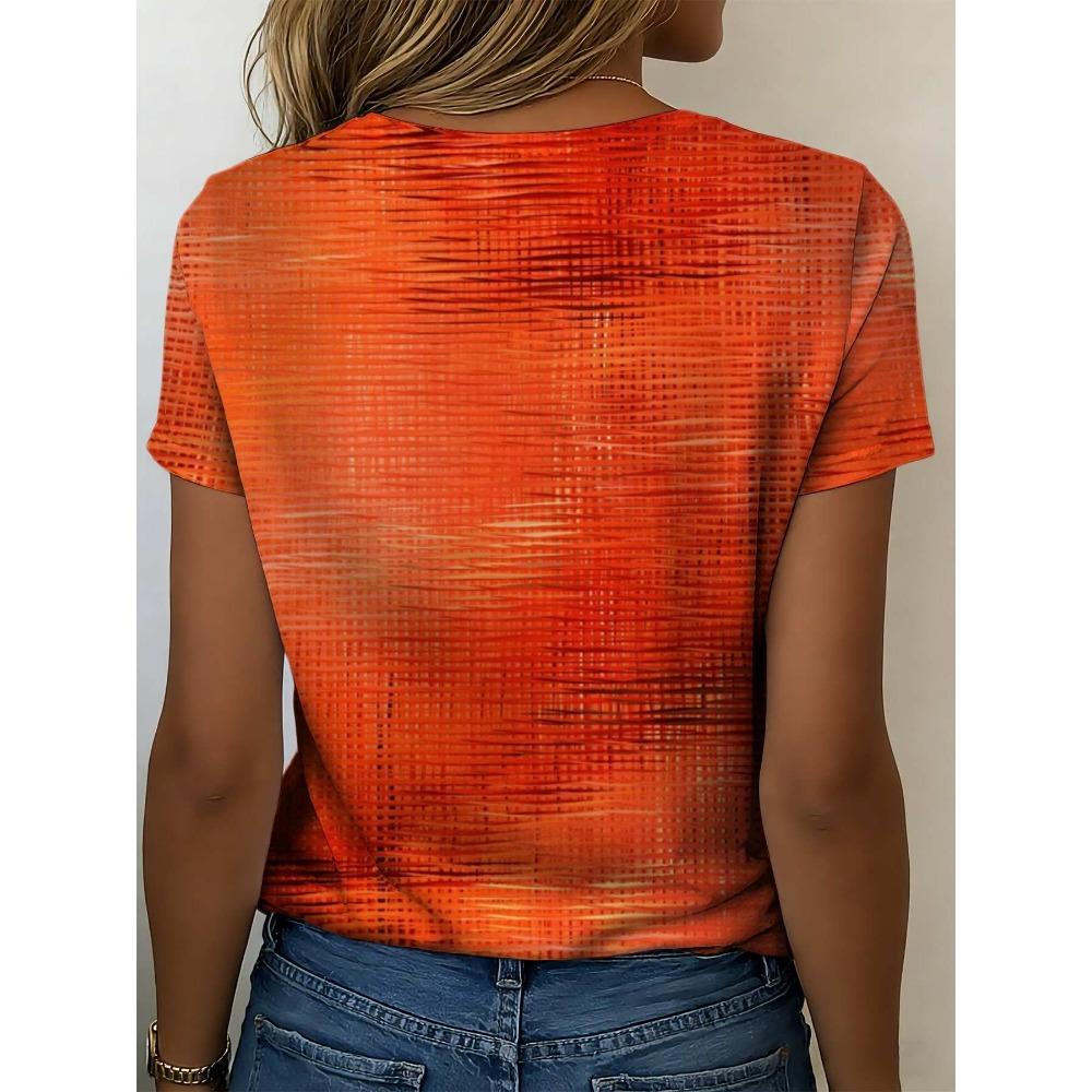 Bright orange gradient women's T-shirt with geometric print and seamless design.