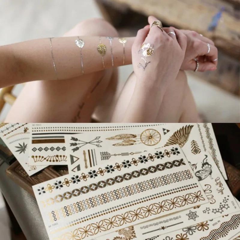 

3 листа татуировки временные одноразовые бирки золотистый металлик водостойкие серебристые черные флэш поддельные золотые татуировки наклейки 1pcs