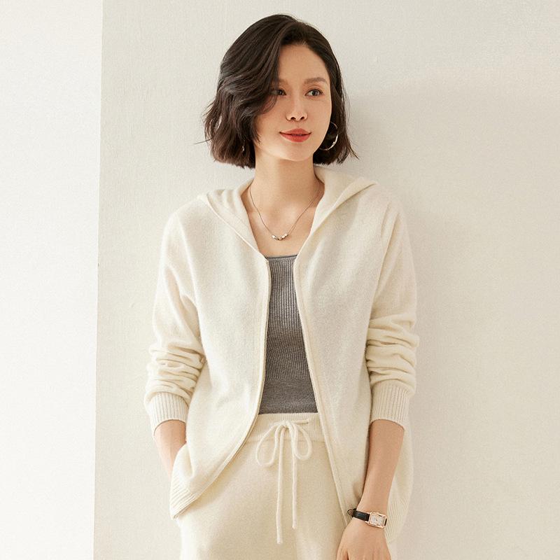 

Женский кашемировый кардиган-худи на молнии с V-образным вырезом: Осенне-зимний повседневный вязаный свитер-пальто, модный L (105-115 jin)