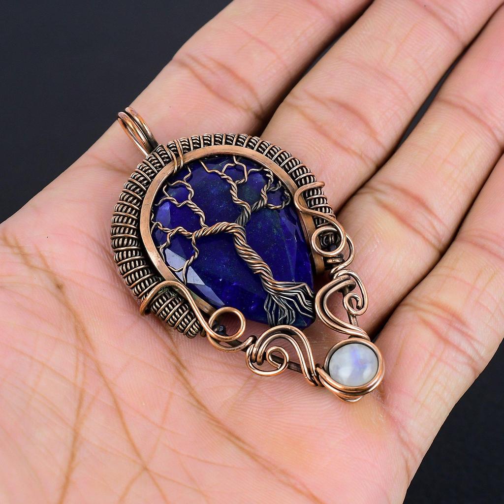 Blue Sapphire Pendant, Handmade Gemstone Pendant, 999 Copper Wire Wrapped Pendant Antique Jewelry, For Engagement Gift