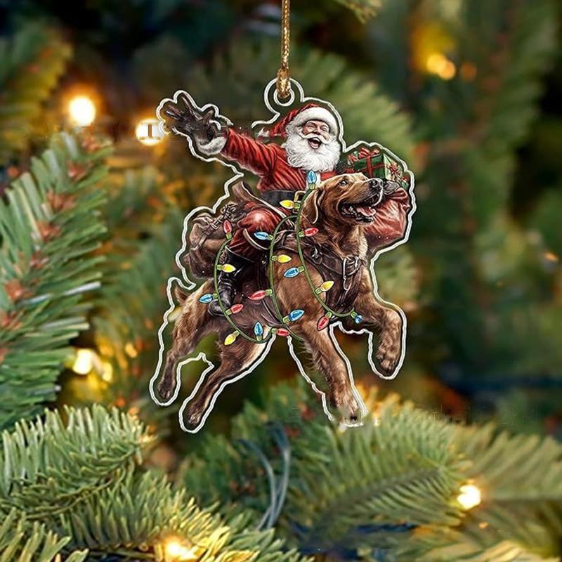 2026 Santa Claus And His Funny Dog Ornament 2D Flat Acrylic Pendant Christmas Decoration For Home Xmas Tree  Year Kerst