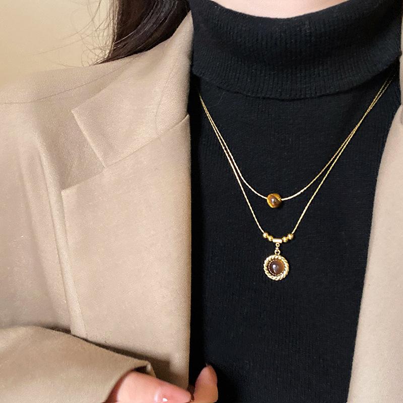 New Double-Layer Brown Stone Pendant Necklace for Women Girls Charm Aesthetic Vintage Tiger Eye Stone Beads Y2K Jewelry Gifts