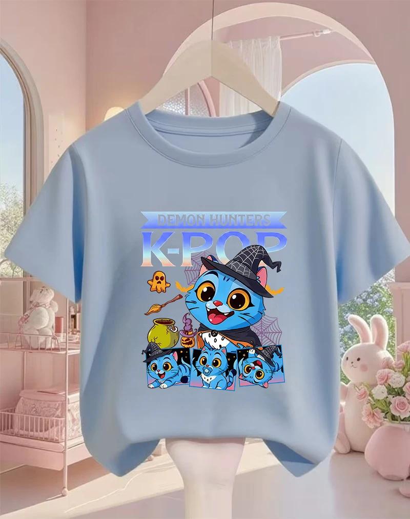 Lovely Cute Kpop Demon Hunters Pattern Kids T Shirt Soft Lightweight Short Sleeve Daily School Casual Round Neck Apparel