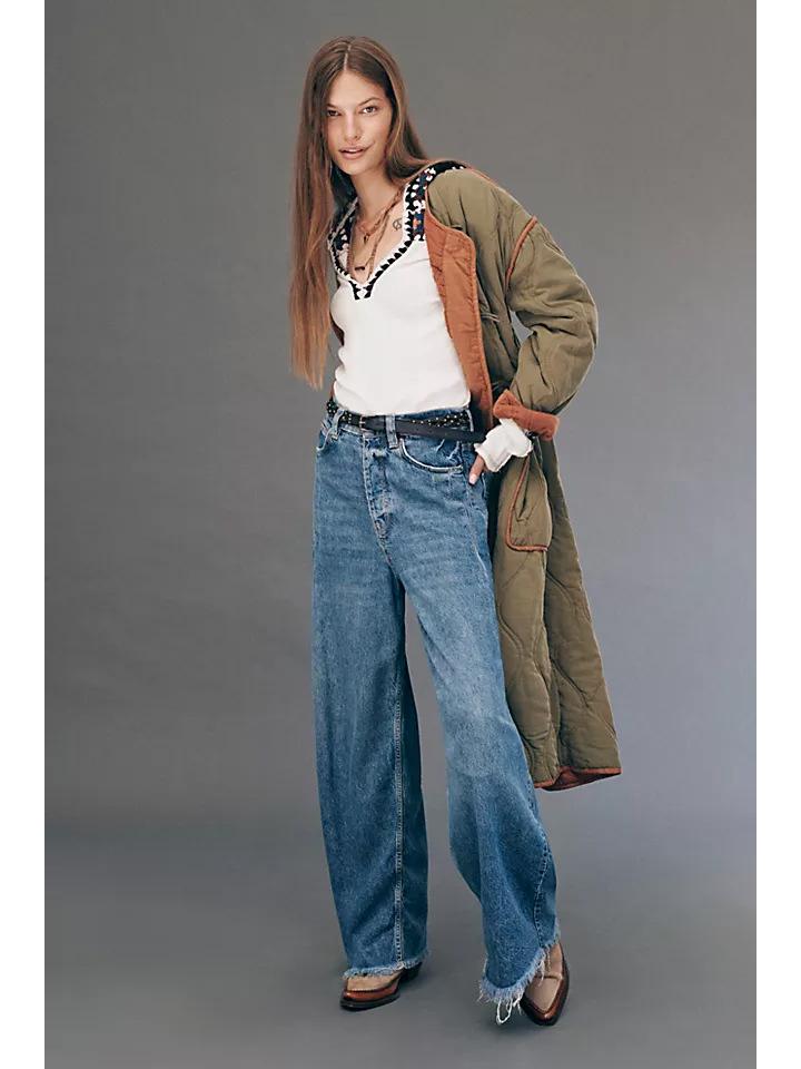 Retro High-Waisted Wide-Leg Washed Denim Pants Large