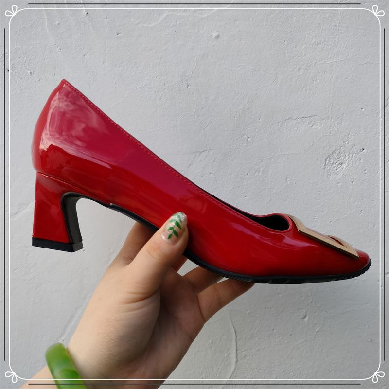 Lady Ww Classic Rv Square Buckle Small Square Head Shallow Mouth High Heels Women's Autumn and Winter New Thick Heel Flat Bottom Commuter Shoes