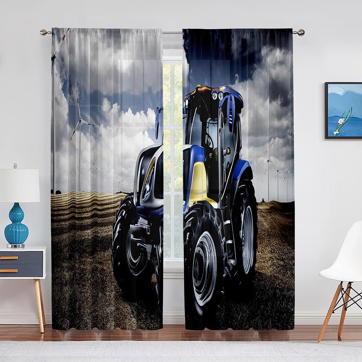 Tracteur Récolte Récoltes Thème Ferme Rideaux en Tulle pour Salon Chambre Rideau Voile Chiffon Décoration Maison Rideau Transparent 1 PCS W100XH250cm&Rod Pocket