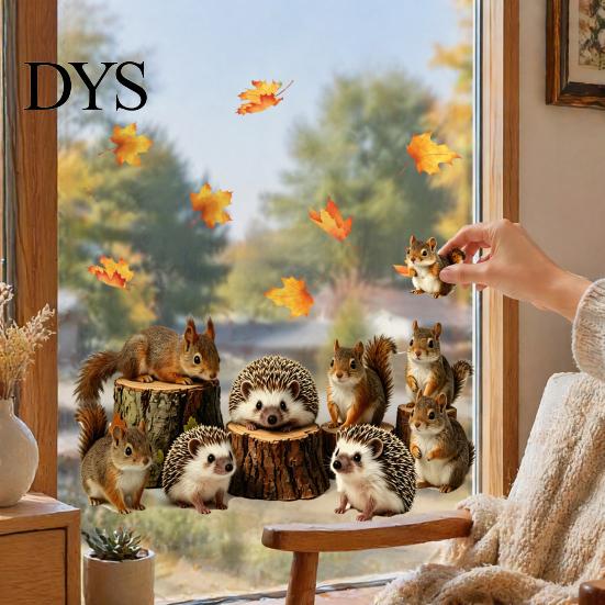Squirrel Hedgehog Decals 2PCS Static Window Sticker, And Printed, Autumn Forest Clings Theme Waterproof PVC Decal, for Glass Doors Windows Fall