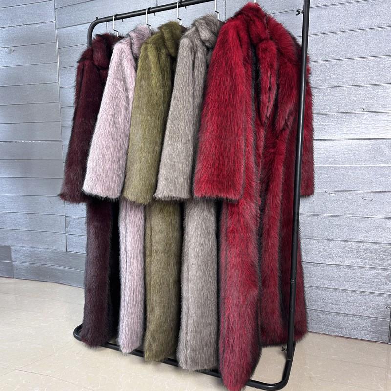 Womens Faux Fur Long Coat Street Style Polo Neck Winter Outerwear