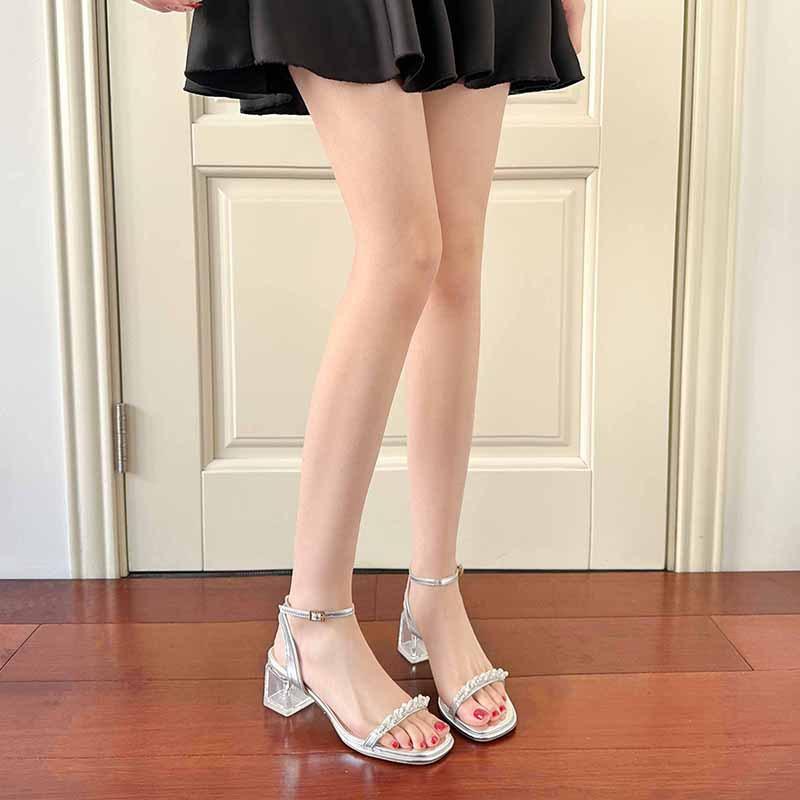 Silver thick-heeled sandals female summer new fairy wind transparent crystal high-heeled word with open-toed sandals female