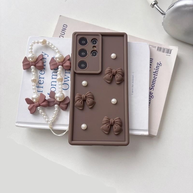 

3D Elegant Bowknot Faux Pearl Chain Phone Case For Samsung Galaxy S25 Ultra S21 S22 S23 Plus S24 FE Short Strap Lanyard Cover S25&Case & Strap