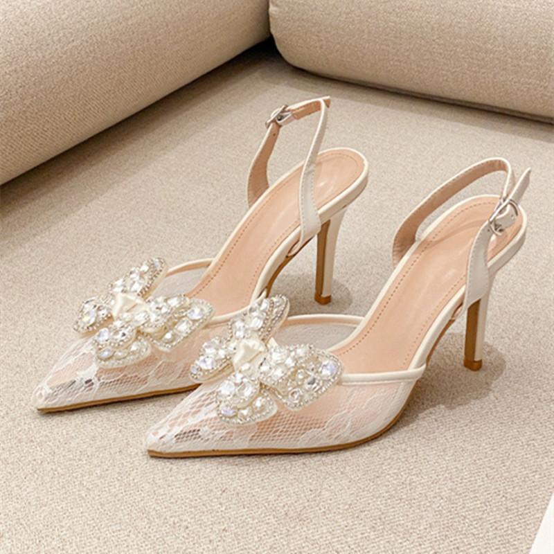 Fashion Luxury Rhinestone Bow Brand High Heels Women Sweet Lace Pointed Toe Buckle Slingback Designer Shoes Elegant Wedding Bridal Shoes